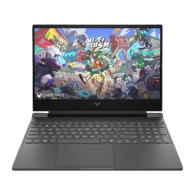 HP Victus Gaming 15-fb3703nt B9KM1EA koyu gri oyuncu laptop açık ekranıyla.