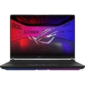 Asus ROG Strix SCAR 16 WRWF14503 siyah oyuncu laptop; RGB ışıklı agresif ekran tasarımı ön görünüm.