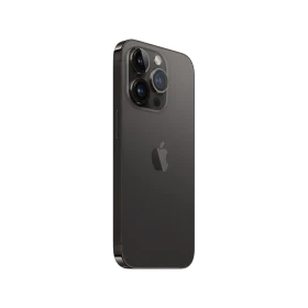 Siyah Apple iPhone 14 Pro akıllı telefonun arka yüzü, üçlü kamera sistemi ve Apple logosu görünüyor