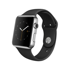 Apple Watch 42 mm paslanmaz çelik kasalı, siyah spor kordonlu akıllı saat siyah ekranıyla önden görünür.