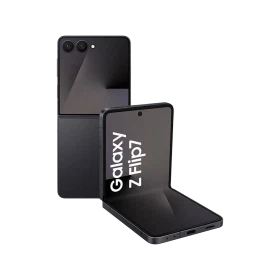 Samsung Galaxy Z Flip7 siyah katlanabilir akıllı telefon, yarı açık ve kapalı halde ön ve arka görünüm vitrini