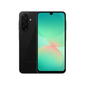 Samsung Galaxy A26 siyah akıllı telefonun ön ve arka yüzü, üçlü arka kamera tasarımıyla birlikte