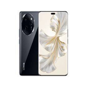 Honor 100 Pro siyah akıllı telefon, ön ekran ve arka kamera modülüyle vitrin görünümü