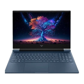 HP Victus Gaming 16-s1003nt A05N7EA003 koyu mavi oyuncu laptop; ekranda renkli ağaç ve uzay temalı arayüz.