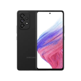 Samsung Galaxy A53 siyah akıllı telefonun ön ve arka yüzü, çoklu kamera modülüyle vitrin görünümü