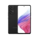 Samsung Galaxy A53 siyah akıllı telefonun ön ve arka yüzü, çoklu kamera modülüyle vitrin görünümü