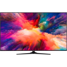Vestel 49UD9650 Ultra HD 4K LED televizyon, renkli ekranı ve siyah ayak tasarımıyla önden görünüm