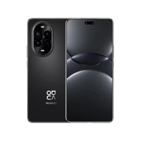 Huawei Nova 13 Pro siyah akıllı telefonun ön ve arka yüzü, oval kamera modülüyle vitrin çekimi