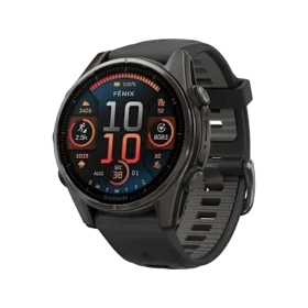 Garmin Fenix 8 43mm Sapphire titanyum aktivite saati, siyah kordonu ve renkli ekranıyla önden görünüm