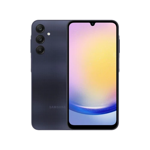 Siyah Samsung Galaxy A25 akıllı telefon, ön ekran ve üçlü arka kamera tasarımıyla vitrin görünümü