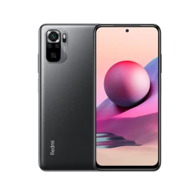 Xiaomi Redmi Note 10S siyah akıllı telefonun ön ekranı ve arka kamera modülü, vitrin görünümü
