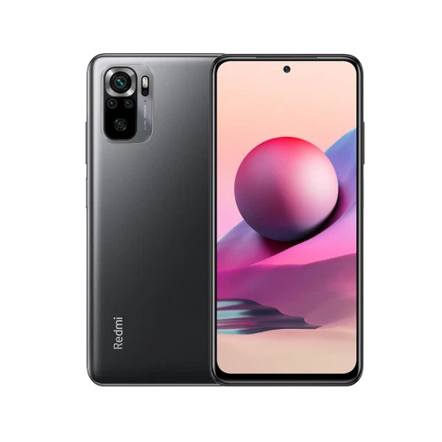 Xiaomi Redmi Note 10S siyah akıllı telefonun ön ekranı ve arka kamera modülü, vitrin görünümü