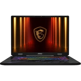 MSI Pulse A17 AI+ C3XWGKG-020TR siyah oyuncu laptop ekranında altın ışıklar ve ejderha logosu görünüyor