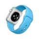 Apple Watch Sport 38 mm akıllı saat, gümüş alüminyum kasa ve mavi spor kordonuyla arkadan görünüm
