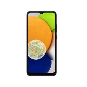 Samsung Galaxy A03 siyah akıllı telefon, ön yüz ekranı ve damla çentik tasarımıyla vitrin görünümü