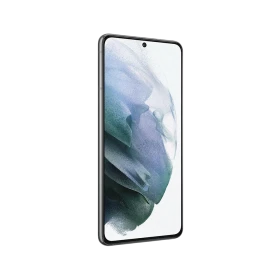 Gri Samsung Galaxy S21 akıllı telefonun önden görünümü, ince çerçeveli ekran ve ortada ön kamera deliği