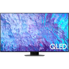 Samsung 55Q80C QLED Ultra HD 4K TV ekranında QLED logosu ve renkli görüntü, vitrin görünümü