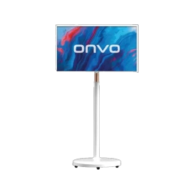 Onvo 32OVM6500X Full HD LED televizyon, renkli ekranı ve beyaz ayaklı standıyla önden görünüm
