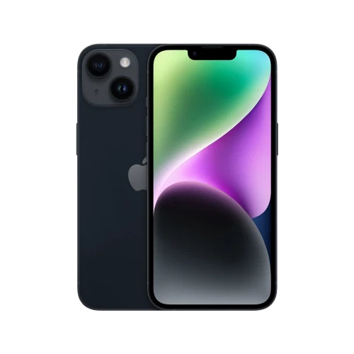 Siyah Apple iPhone 14 akıllı telefon, önden ekran ve arkadan çift kamera tasarımıyla vitrin görünümü