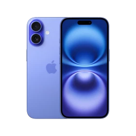 Apple iPhone 16 Plus mavi akıllı telefon, ön ekran ve arka çift kamera tasarımıyla vitrin görünümü