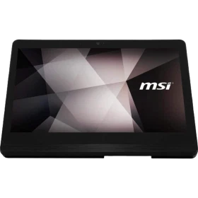 MSI PRO 16 Flex 8GL-019XTR masaüstü bilgisayarın siyah ön görünümü ve geometrik ekranı