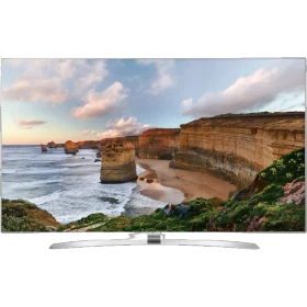 LG 75UH855V Ultra HD 4K LED televizyon; manzaralı sahil ekran görüntüsü, ince tasarım ve genel renk.