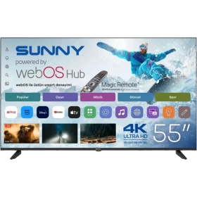 Sunny SN55UPRL-W02M Ultra HD 4K TV, 55 inç ekranında webOS Hub arayüzüyle önden görünüm