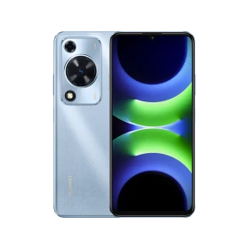 Huawei Nova Y72S mavi akıllı telefon, arka kamera modülü ve tam ekran ön yüz vitrin görünümü