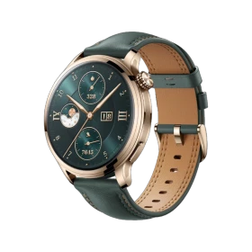 Honor Watch 4 Pro altın renkli akıllı saat, yeşil deri kayış ve klasik kadran detaylarıyla sunuluyor.