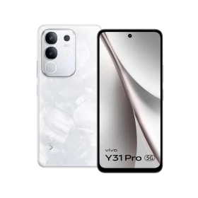 Vivo Y31 Pro 5G beyaz akıllı telefon, ön ekran ve arka kamera modülüyle vitrin görünümü