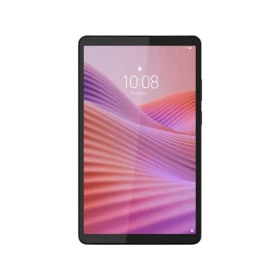 Lenovo Tab One TB305FU gri uygun fiyatlı tablet, ön ekranında renkli dalga tasarım ve saat bilgisi görünüyor