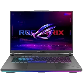 Asus ROG Strix G16 G614JVR-N3096-49 siyah oyuncu laptop, RGB aydınlatmalı klavye ve ekranda ROG logosu