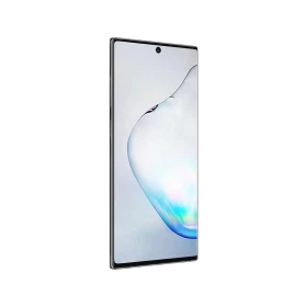 Samsung Galaxy Note 10 siyah akıllı telefon, ince çerçeveli ekran ve ön kamera deliğiyle önden görünüm