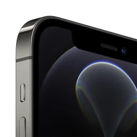 Siyah Apple iPhone 12 Pro Max akıllı telefonun ön yüzüne yakın plan, ekran ve çerçeve detayı