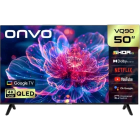 Onvo 50VQ90F3UA Ultra HD 4K QLED LED televizyon, siyah çerçeveli ve ayaklı ön görünüm