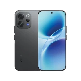 Vivo V70 Elite siyah akıllı telefonun ön ve arka yüzü, geniş ekran ve çift arka kamera tasarımı