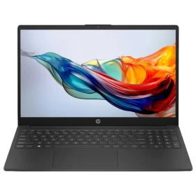Siyah HP 15-fc1002nt D2QC7EA iş ve ofis laptopu; ekranda renkli soyut desen ve klavye görünüyor