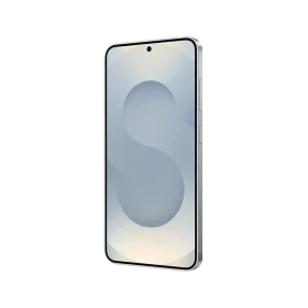 Gümüş Samsung Galaxy S25 akıllı telefon, önden görünüm; ince çerçeveli ekran ve merkez ön kamera deliği