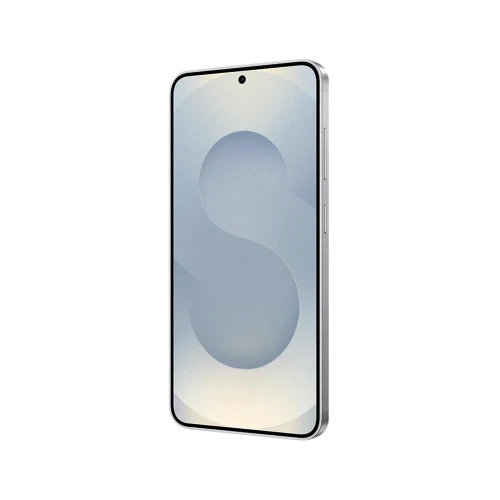 Gümüş Samsung Galaxy S25 akıllı telefon, önden görünüm; ince çerçeveli ekran ve merkez ön kamera deliği