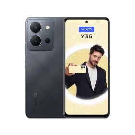 Vivo Y36 siyah akıllı telefon, arka kamera modülü ve ön ekran görünümüyle vitrin çekimi