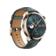 Honor Watch 4 Pro altın akıllı saat, yeşil deri kayışı ve klasik kadran tasarımıyla önden görünür.