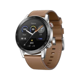 Honor MagicWatch 2 Classic 46mm gri akıllı saat, kahverengi deri kayış ve yuvarlak ekranıyla.