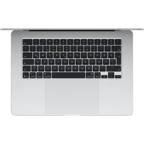 Apple MacBook Air M4 15.3 inç gümüş laptop, üstten görünümde geniş trackpad ve klavye detayıyla