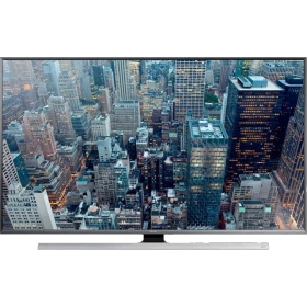 Samsung 75JU7000 Ultra HD 4K TV vitrin görseli; geniş ekranlı televizyon, genel siyah renk tasarım