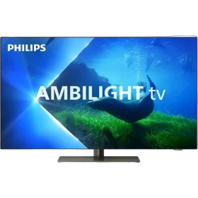Philips 65OLED808 Ultra HD 4K OLED televizyon, ekranda canlı Amblilight TV teması ve ayaklı siyah tasarım