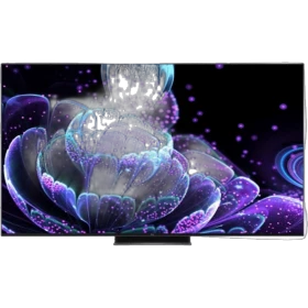 TCL 75C835 Ultra HD 4K LED televizyon, siyah çerçeveli ve renkli uzay temalı ekran görüntüsü.