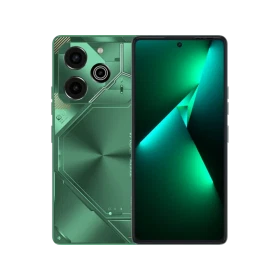Tecno Pova 6 Pro yeşil akıllı telefon; arkası ve ekranı birlikte, vitrin tanıtım görünümü.