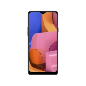 Siyah Samsung Galaxy A20s akıllı telefon, tam ön görünüm, damla çentikli ekran ve renkli arka plan﻿