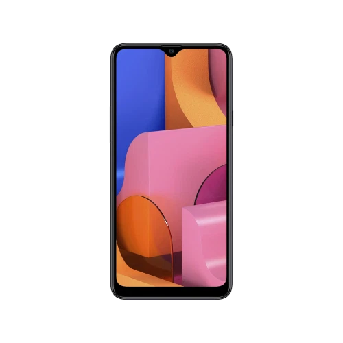 Siyah Samsung Galaxy A20s akıllı telefon, tam ön görünüm, damla çentikli ekran ve renkli arka plan﻿