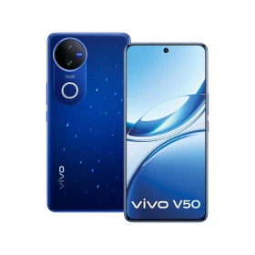 Vivo v50 mavi akıllı telefon, önden ekran ve arkadan kamera modülü görünümüyle vitrin çekimi